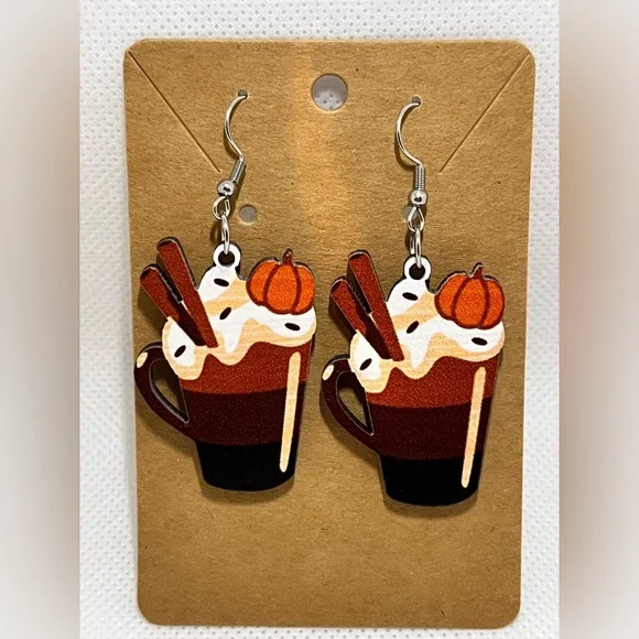 NWT Pumpkin Spice Latte Drop Dangle Earrings Lightweight Wood Fall Autumn - Picture 3 of 11